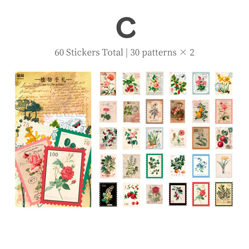 Autocollants de timbres-poste vintage avec plantes et fleurs