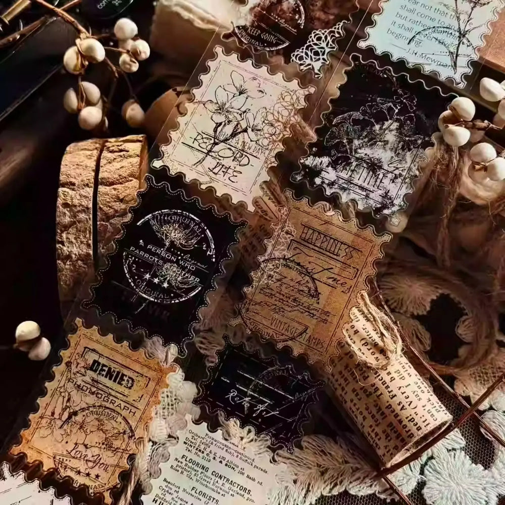 Vintage Postage Stamp Die-Cut PET Washi Tape | Retro Journaling Decorative Tape