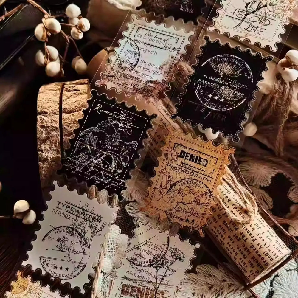 Vintage Postage Stamp Die-Cut PET Washi Tape | Retro Journaling Decorative Tape