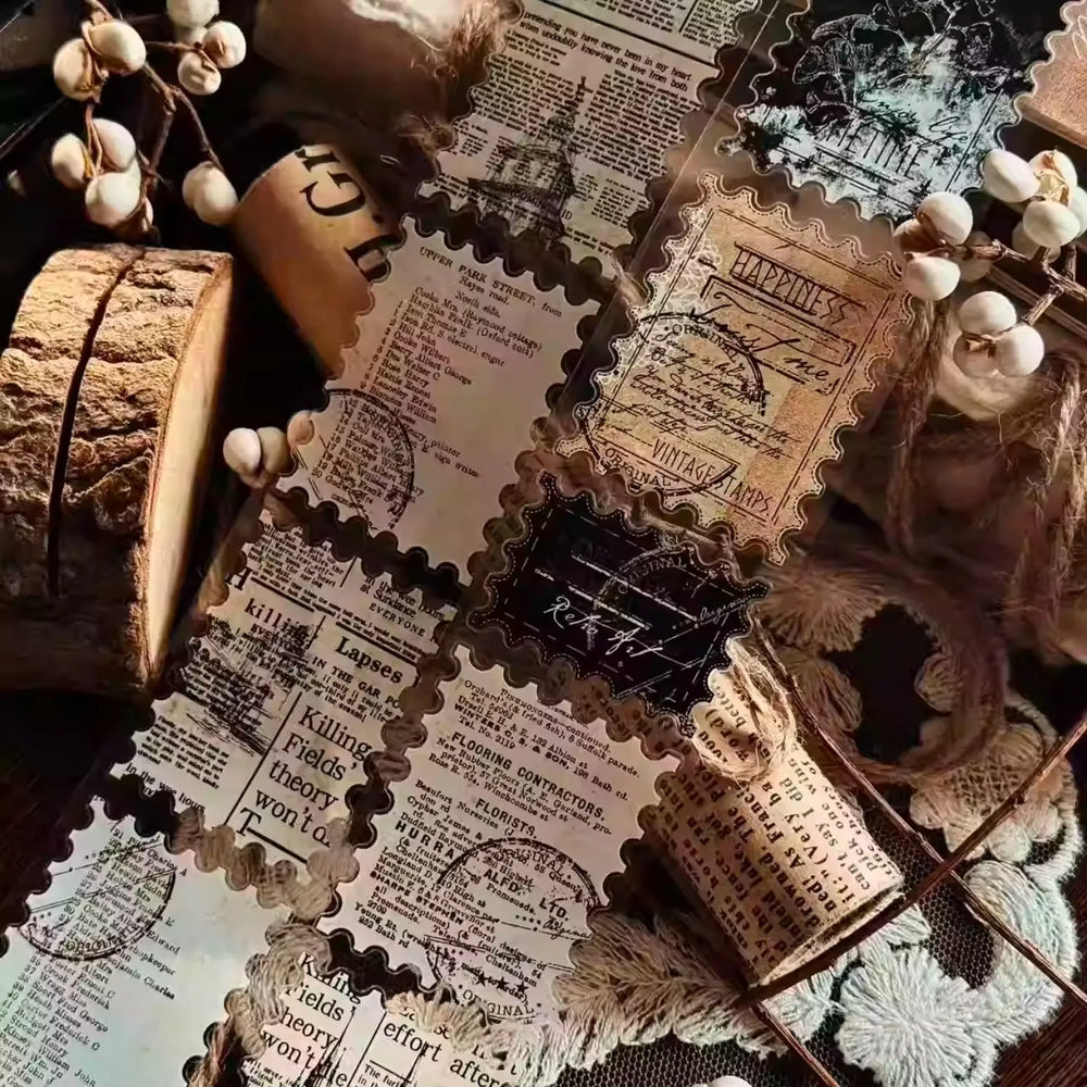 Vintage Postage Stamp Die-Cut PET Washi Tape | Retro Journaling Decorative Tape