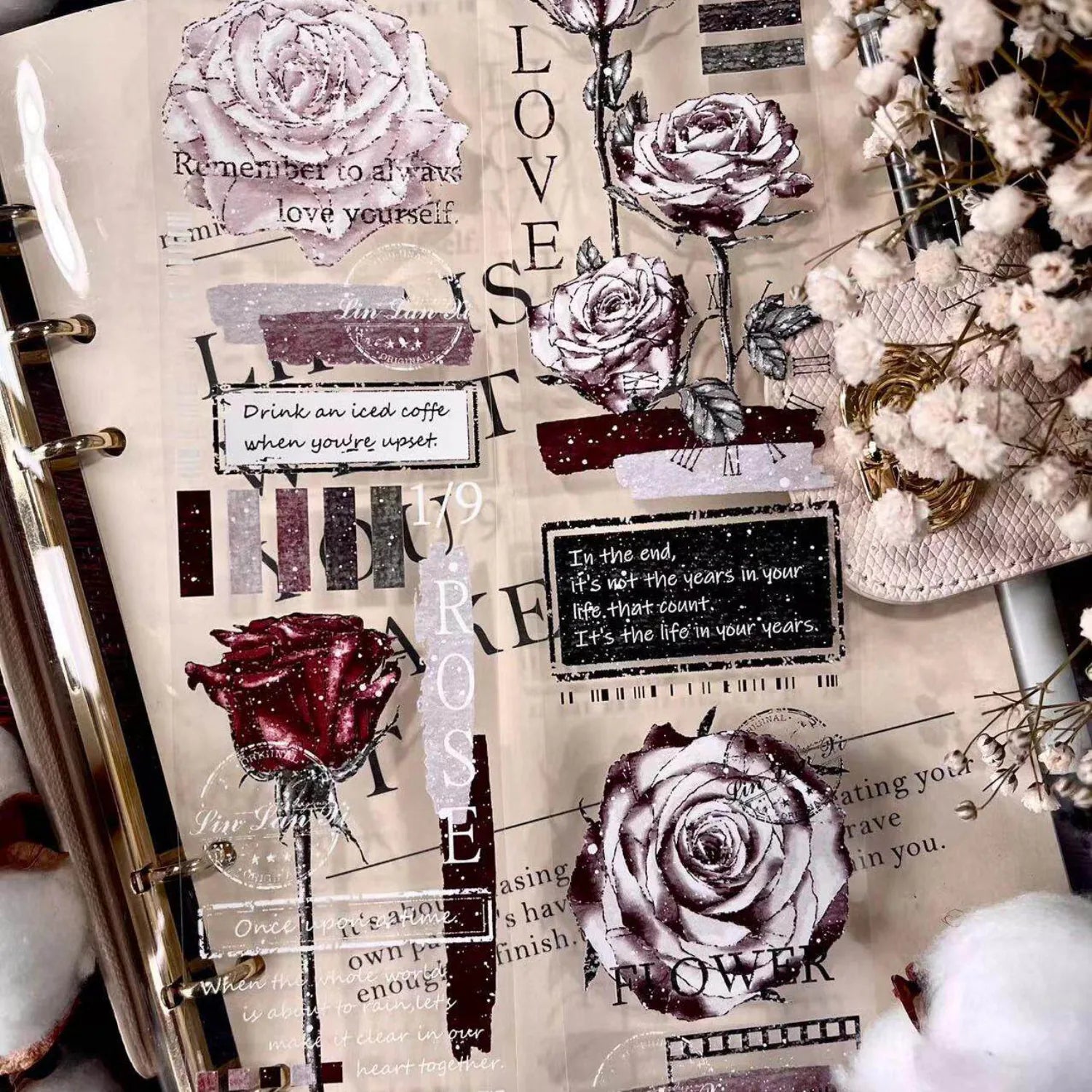 Ruban adhésif décoratif vintage rose en PET | Éphémères pour journaling floral à l'encre cristal