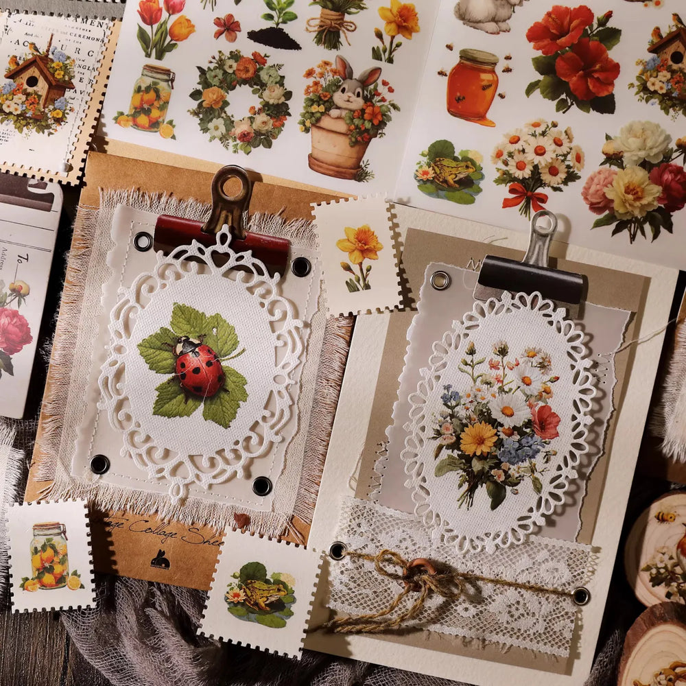 Autocollants printaniers vintage à frotter | Colibri, coccinelle et fleurs