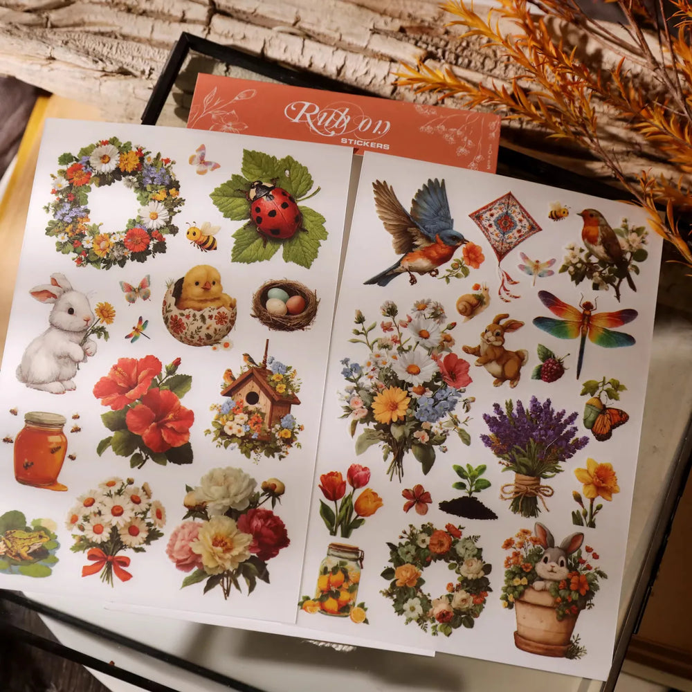 Autocollants printaniers vintage à frotter | Colibri, coccinelle et fleurs