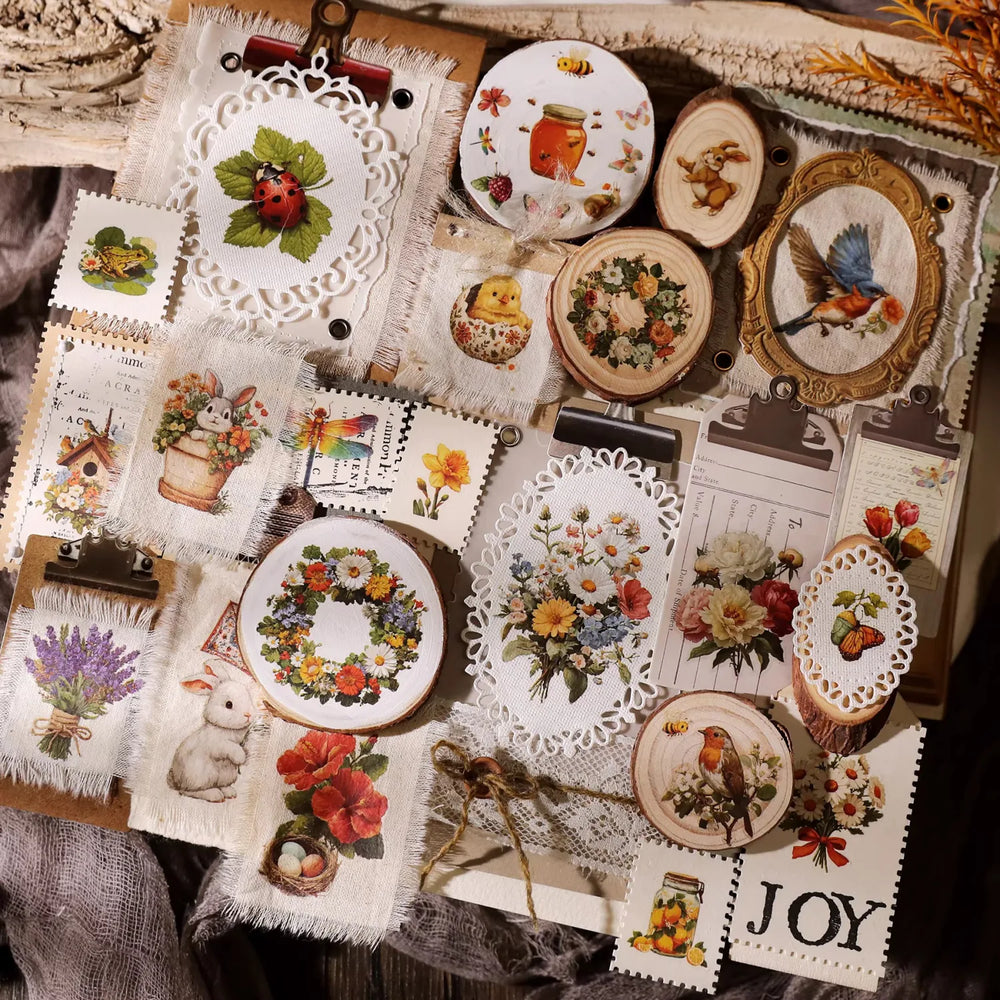 Autocollants printaniers vintage à frotter | Colibri, coccinelle et fleurs