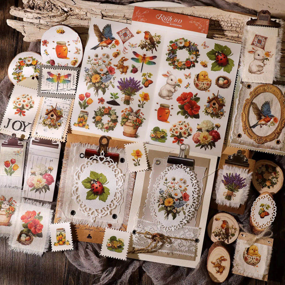 Autocollants printaniers vintage à frotter | Colibri, coccinelle et fleurs