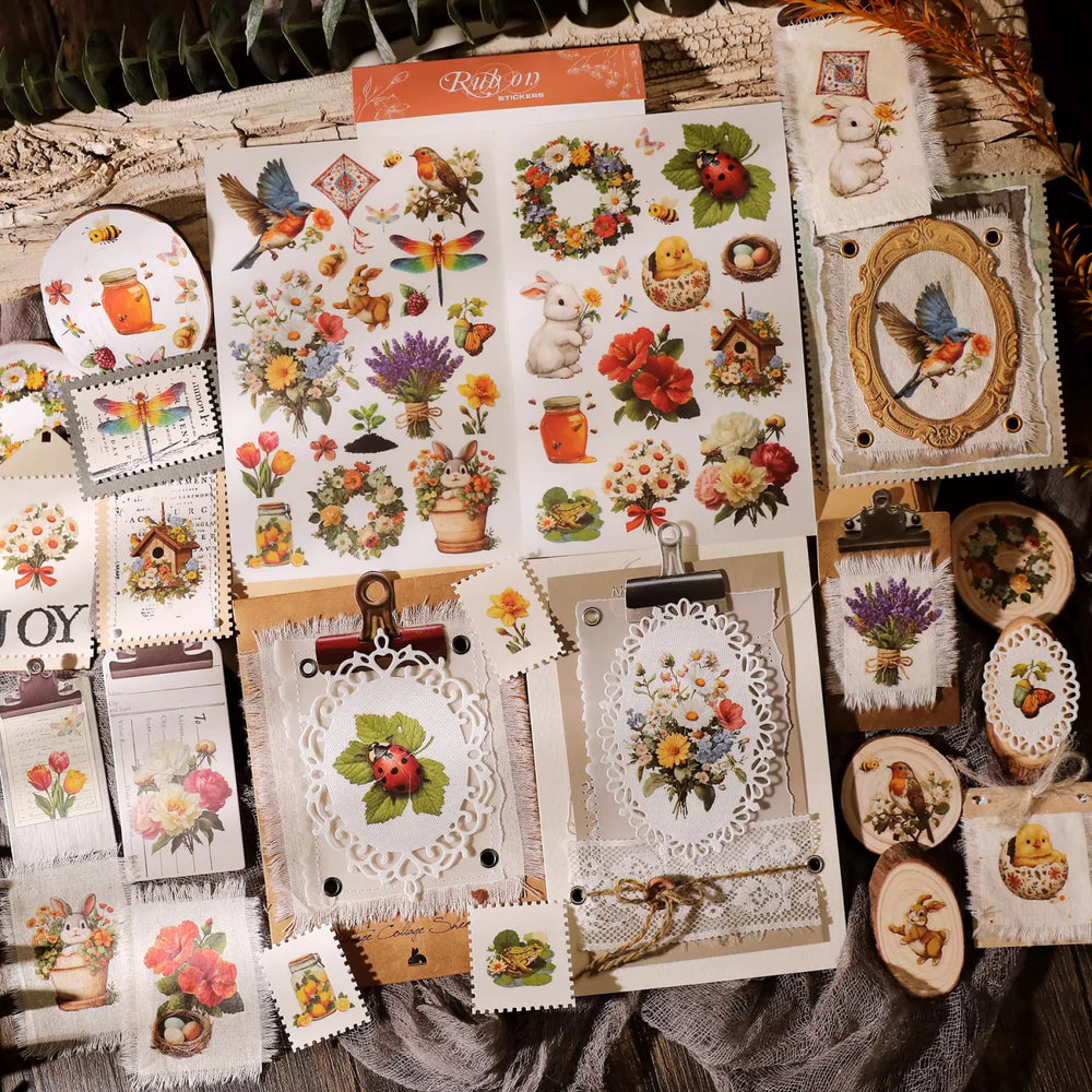 Autocollants printaniers vintage à frotter | Colibri, coccinelle et fleurs