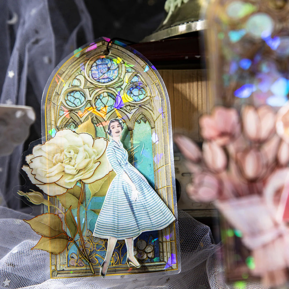 Vintage-Aufkleber mit Buntglasfenster-Motiv für Haustiere | Fantasy-Goldfolien-Aufkleber (gestanzt)
