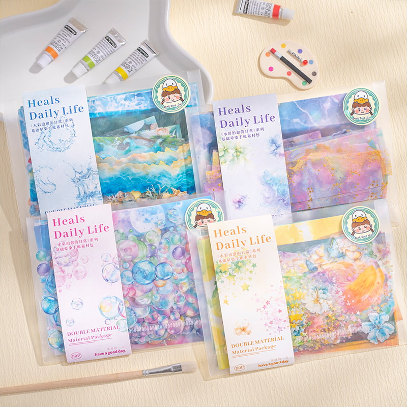 Watercolor Heals Daily Life Sticker Pack – PET & Washi Paper