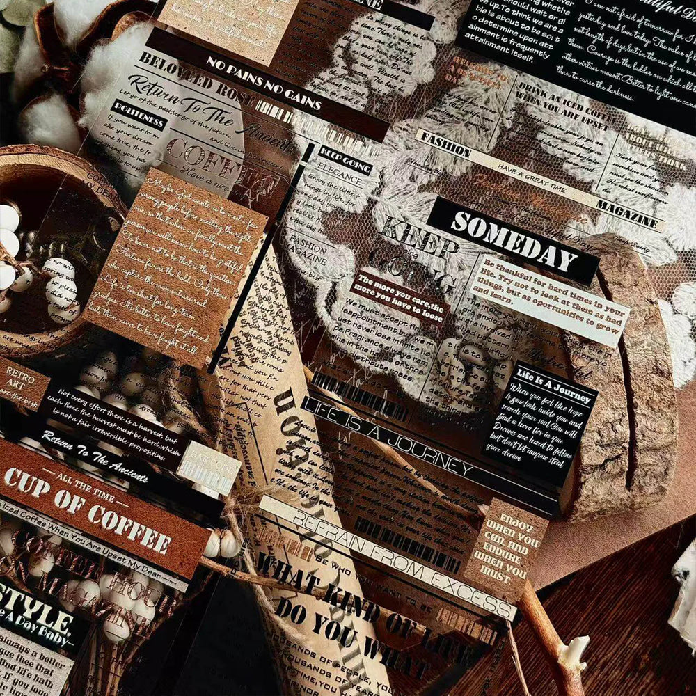 Ruban adhésif décoratif PET Washi à texte vintage large | Ruban de fond typographique rétro