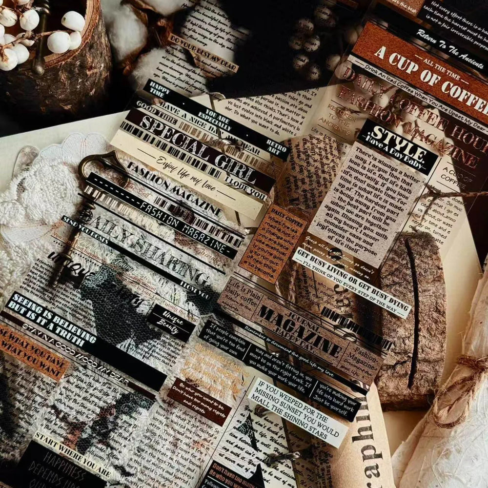 Ruban adhésif décoratif PET Washi à texte vintage large | Ruban de fond typographique rétro