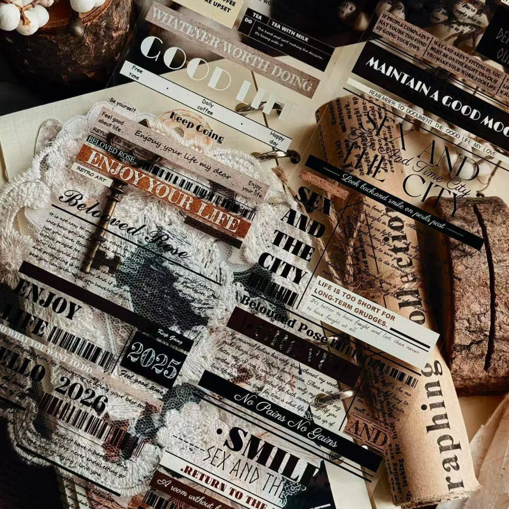 Ruban adhésif décoratif PET Washi à texte vintage large | Ruban de fond typographique rétro